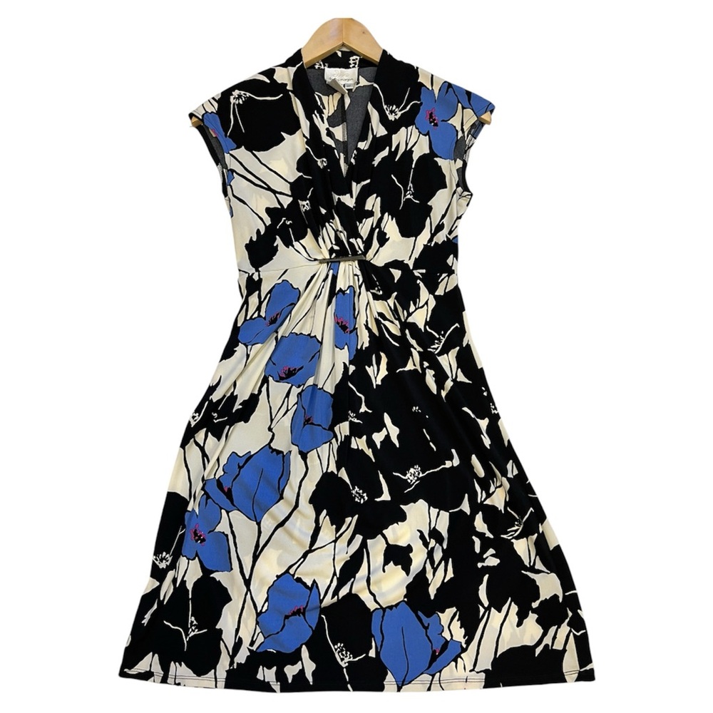 DONNA MORGAN dress faux wrap multi floral print vneck stretch 2P high waist
